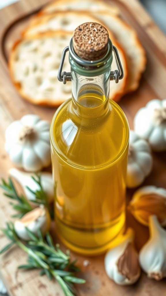 A bottle of garlic-infused olive oil next to fresh garlic and crusty bread on a wooden board.